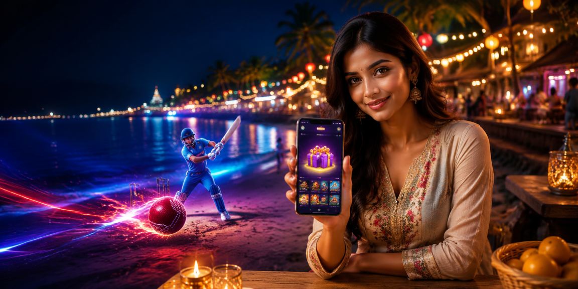 Indian cricket fan using mobile betting app on stadium background
